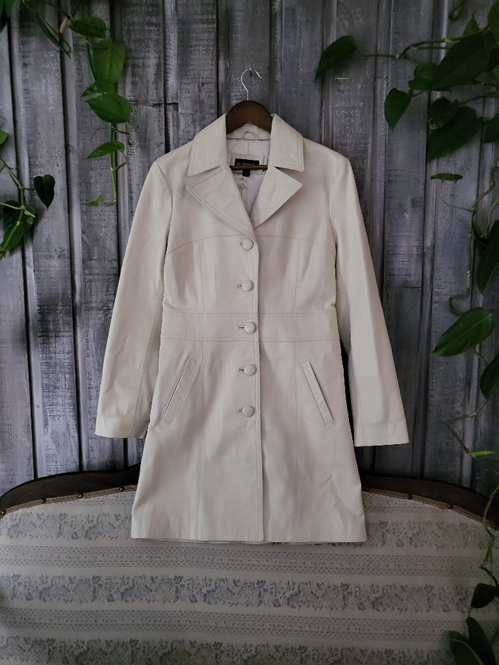 Le Chateau Cream White Genuine Leather Trench Coat Jacket Small S